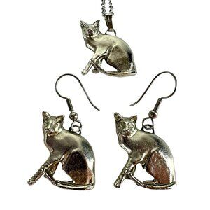 Vintage Siver Tone Cat Pendant & Earrings Set 26" Chain